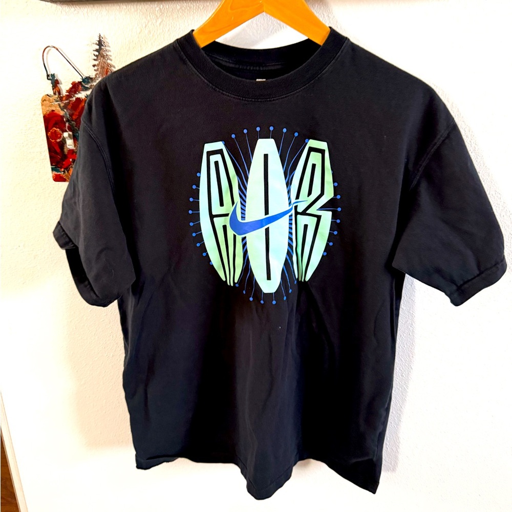 Nike Black Tee with White and aqua Logo men’s L great graphic
